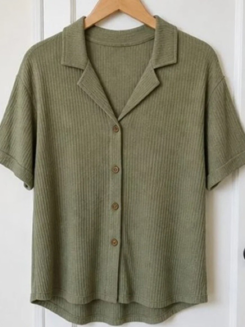 Olive Ribbed Button-Front Camp Collar Top